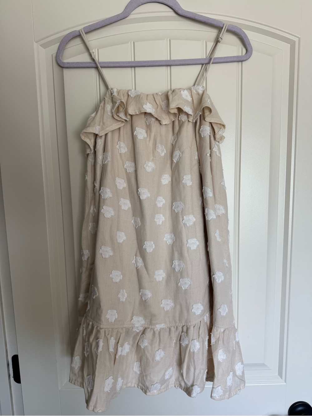 Pink Lily Beige Ruffle Sundress with White Floral Appliqué